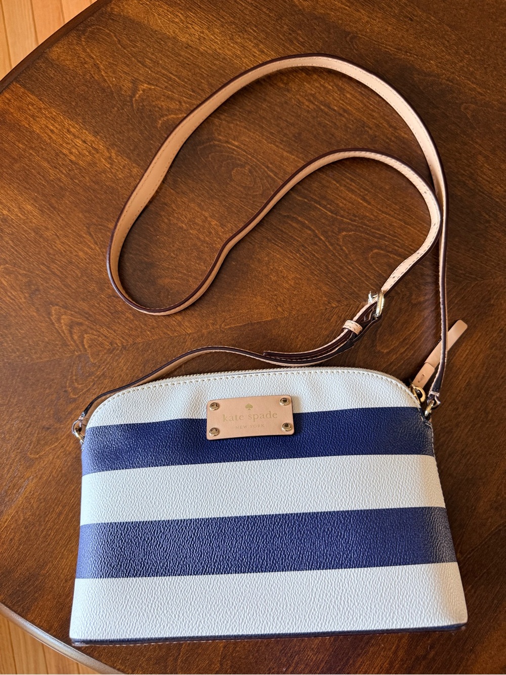 Kate Spade Navy and White Stripe Crossbody with Gold Plate